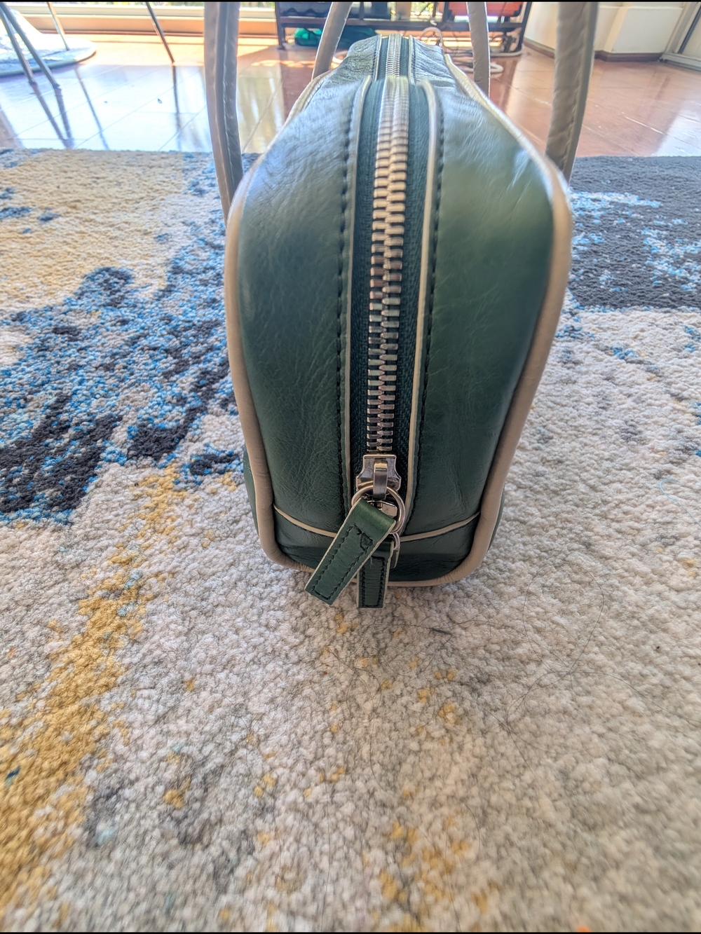 Marge Sherwood Green Leather Shoulder Soft Boston Bag with Cream Handles - Picture 7 of 8